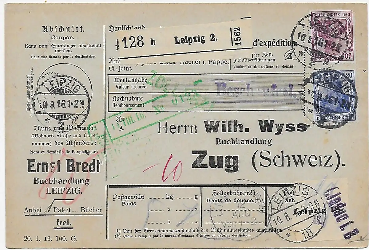 Paketkarte Leipzig nach Zug/CH - Eindruck, 11.8.1916,  Beschaufrei, über Lindau