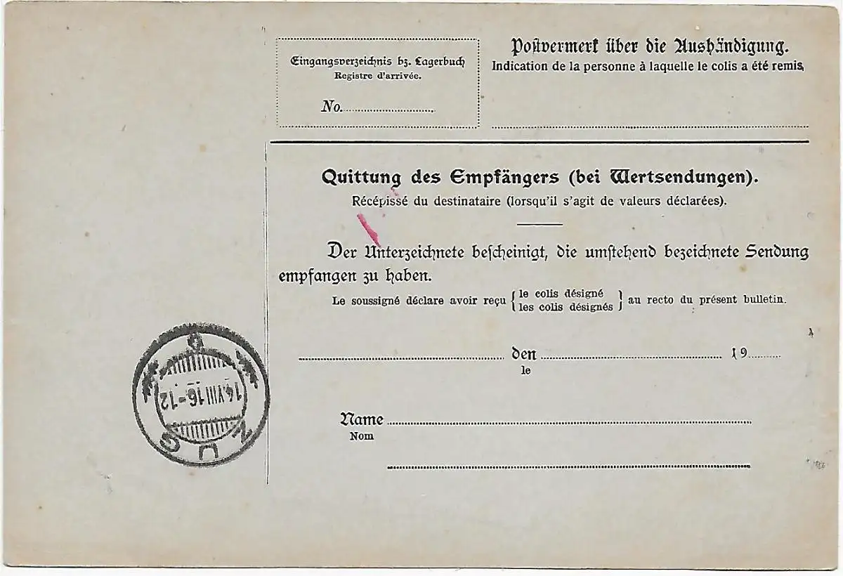 Carte colis Leipzig après Zoug/CH - impression, 11.8.1916, sans blague, sur Lindau