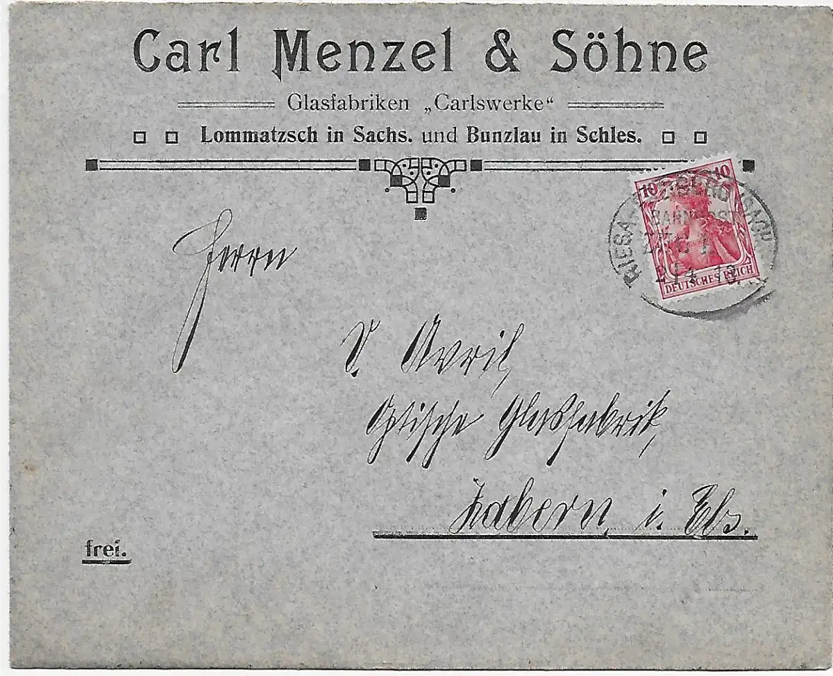 Glasfabrik Lommatzsch/Bunzlau Sachsen mit Bahnpoststempel Riesa-Freiberg, 1913