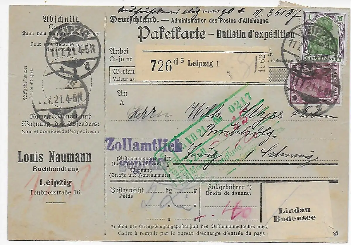 Paketkarte Leipzig, Zollamtlich geprüft nach Zug, 1921