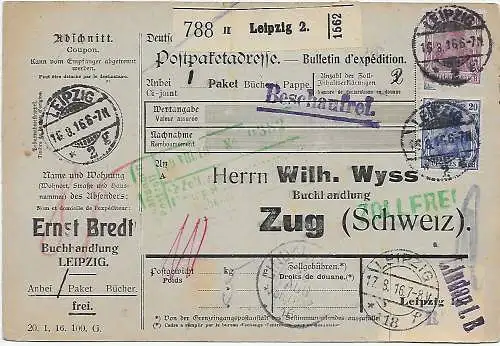 Carte colis Leipzig, gratuit par Lindau après Zoug, 1916, gratuit