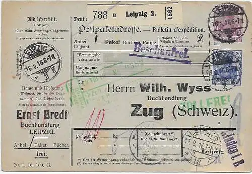 Paketkarte Leipzig, Zollfrei über Lindau nach Zug, 1916, Beschaufrei