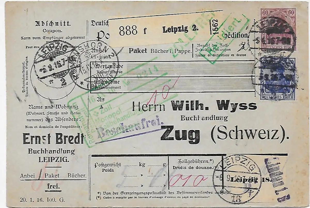 Carte de colis Librairie Leipzig vers Zoug sur Lindau, en franchise de droits - Revidiert, 1916