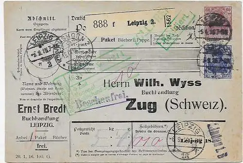 Paketkarte Buchhandlung Leipzig nach Zug über Lindau, zollfrei - Revidiert, 1916