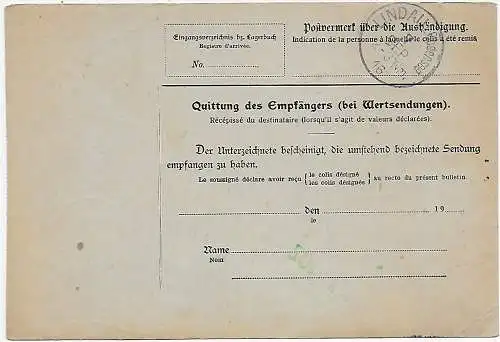 Carte de colis Librairie Leipzig vers Zoug sur Lindau, en franchise de droits - Revidiert, 1916