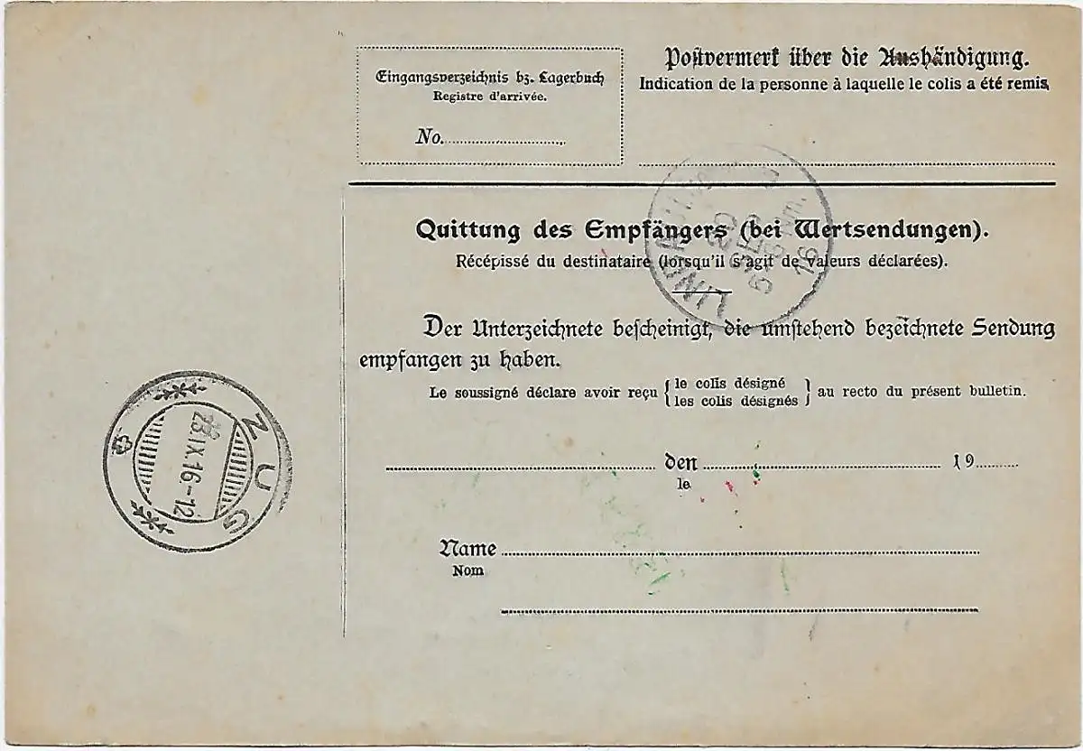 Carte Pack Librairie Leipzig 1916 après Zoug sur Lindau, franchise de droits - Révisé
