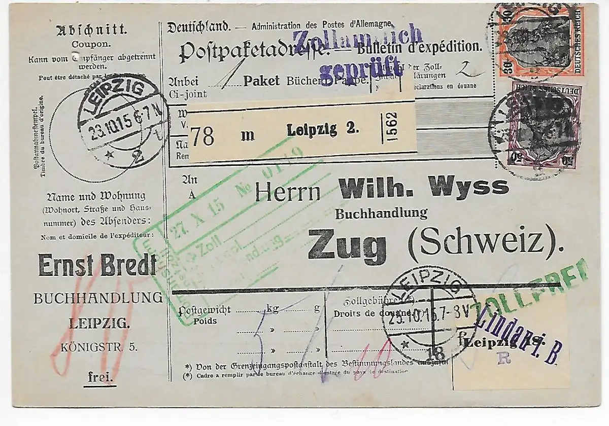 Carte de colis Librairie Leipzig 1916 après Zoug sur Lindau, Zollamt. examiné