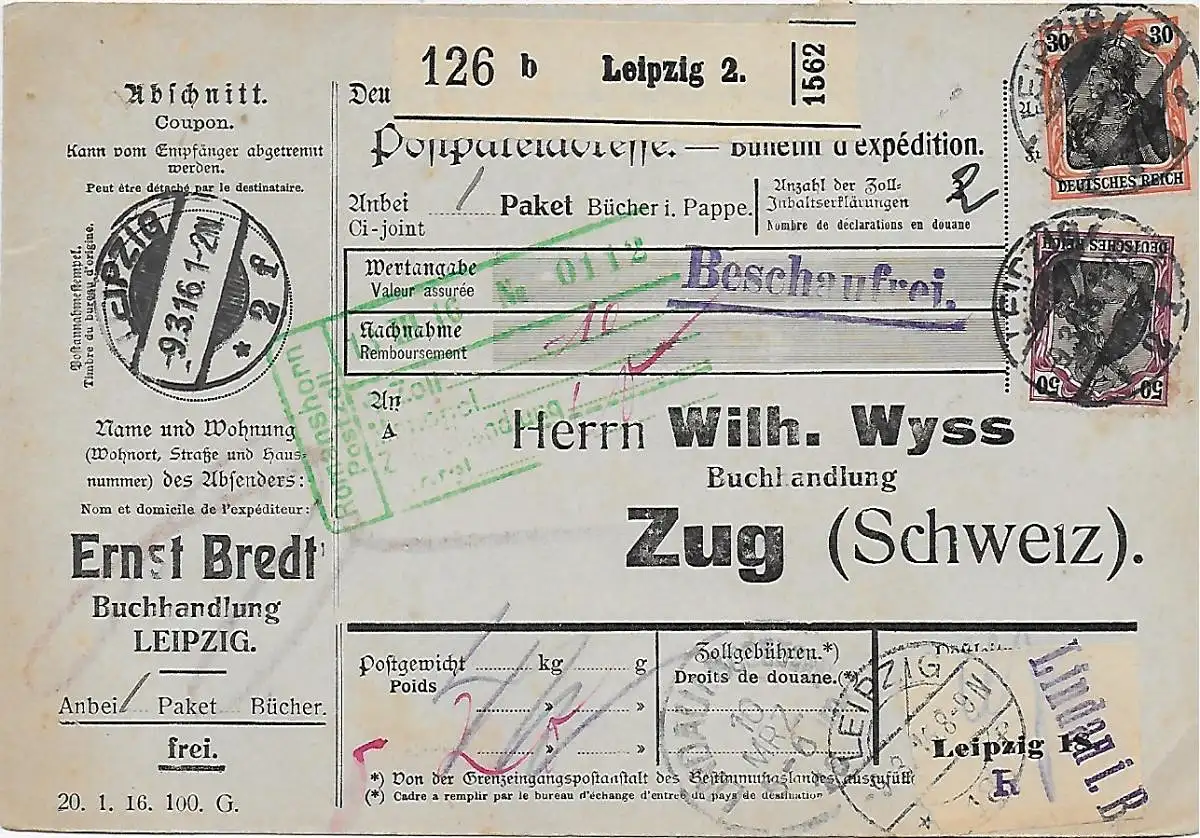 Paketkarte Buchhandlung Leipzig nach Zug 1916 über Lindau, Beschaufrei