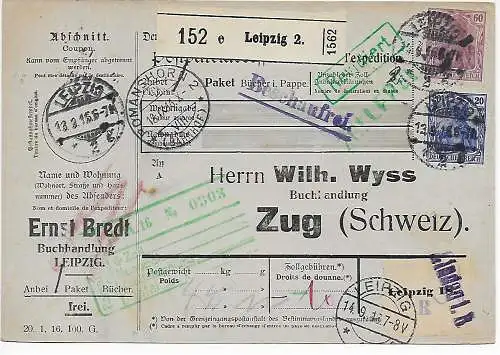 Carte de colis Librairie Leipzig après Zoug 1916 Sans examen sur Lindau