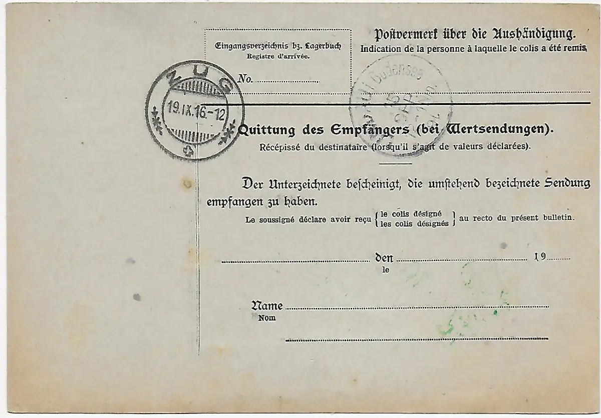 Paketkarte Buchhandlung Leipzig nach Zug 1916 Beschaufrei über Lindau