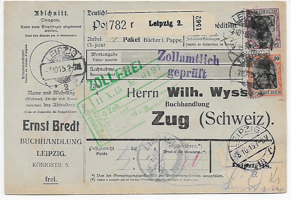 Carte colis Librairie Leipzig après le train 1915