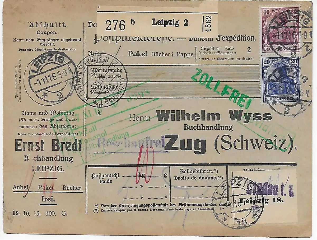 Carte de colis Librairie Leipzig après le train 1916 en franchise de droits via Lindau