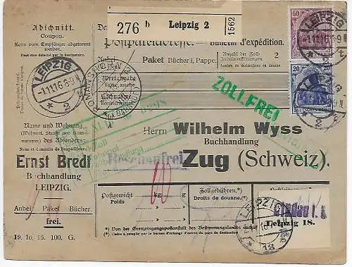 Paketkarte Buchhandlung Leipzig nach Zug 1916 zollfrei über Lindau