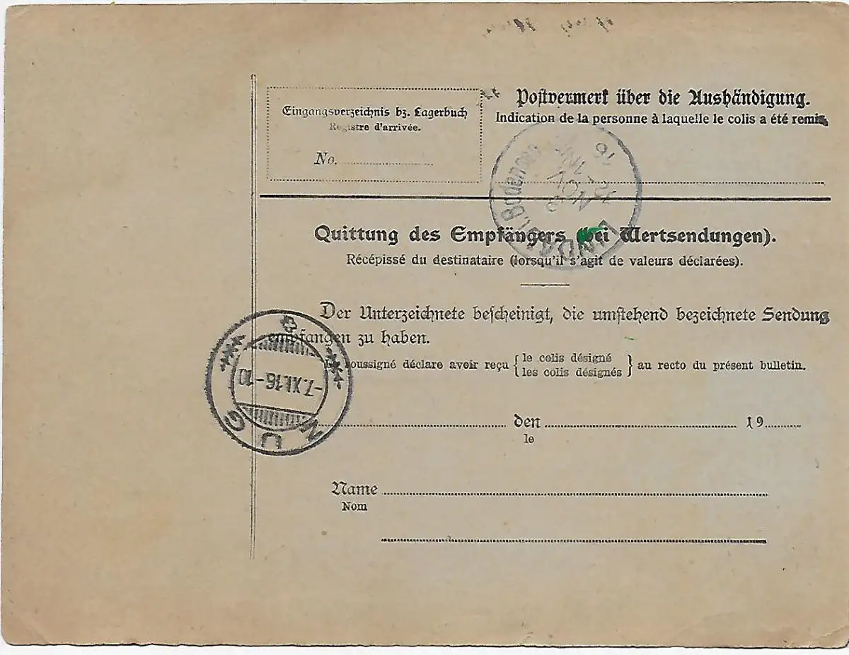 Carte de colis Librairie Leipzig après le train 1916 en franchise de droits via Lindau