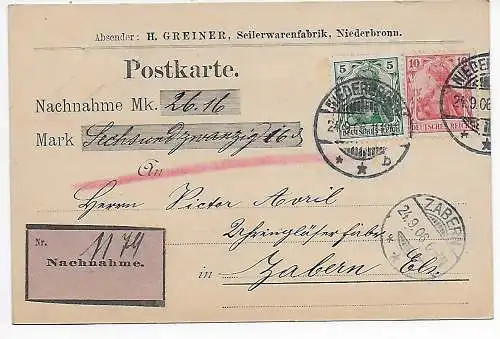 Nachnahme Postkarte Niederbronn, Seilerwarenfabrik nach Zabern, 1906