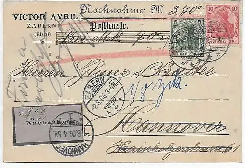 Nachnahme Postkarte Zabern nach Hannover, zurück 1906