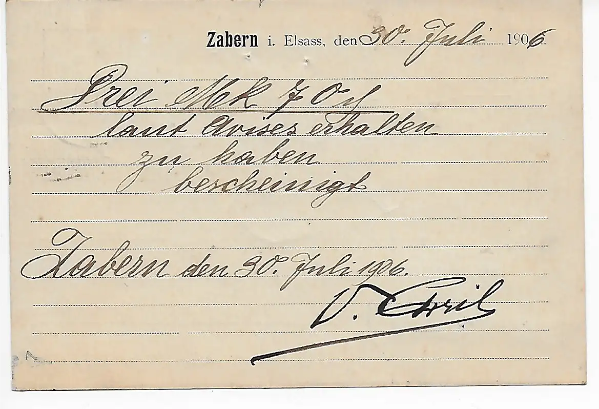 Acceptation Carte postale Zabern à Hanovre, retour 1906