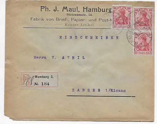 Fabrik Briefpapier, Einschreiben Hamburg nach Zabern, 1908, rücks. Briefwaage