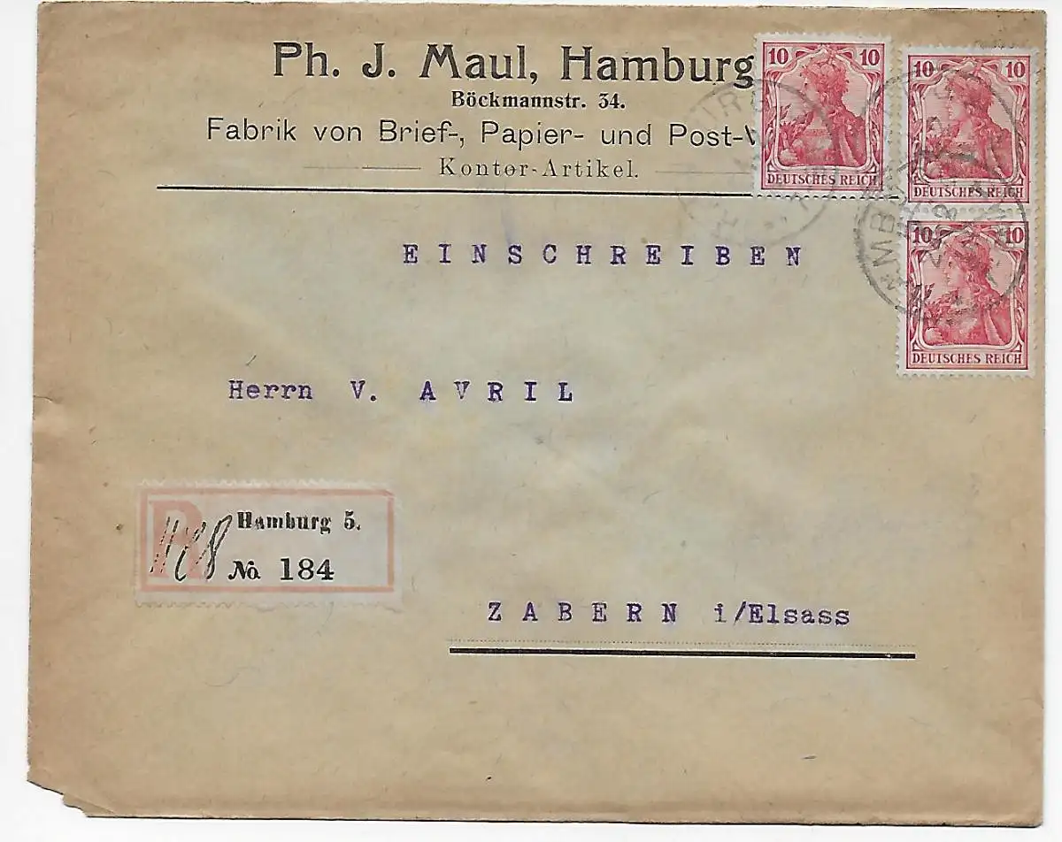 Papier à lettres usine, lettre recommandée Hambourg vers Zabern, 1908, arrière Balance des lettres