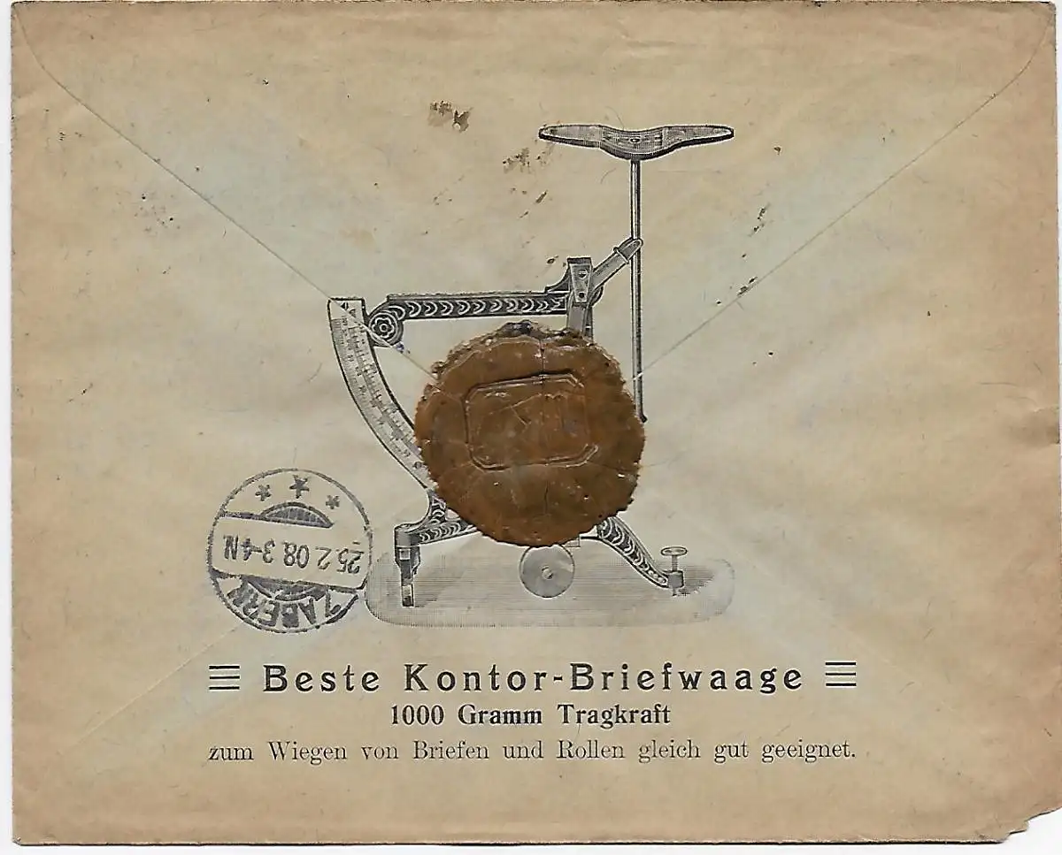 Fabrik Briefpapier, Einschreiben Hamburg nach Zabern, 1908, rücks. Briefwaage
