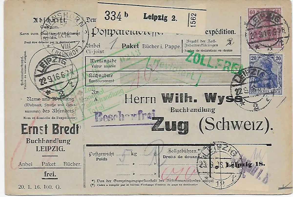 Leipzig Buchhandlung nach Zug, 1916, Beschaufrei über Lindau