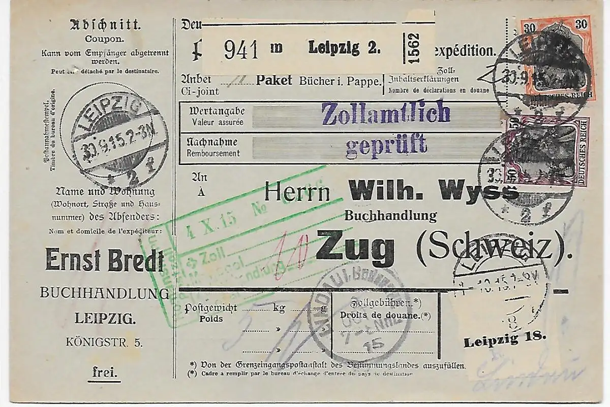 Leipzig Buchhandlung nach Zug, 1915, zollamtlich geprüft über Lindau