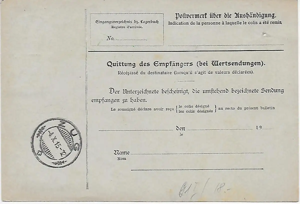 Leipzig Librairie après Zoug, 1915, immatriculation contrôlée par Lindau