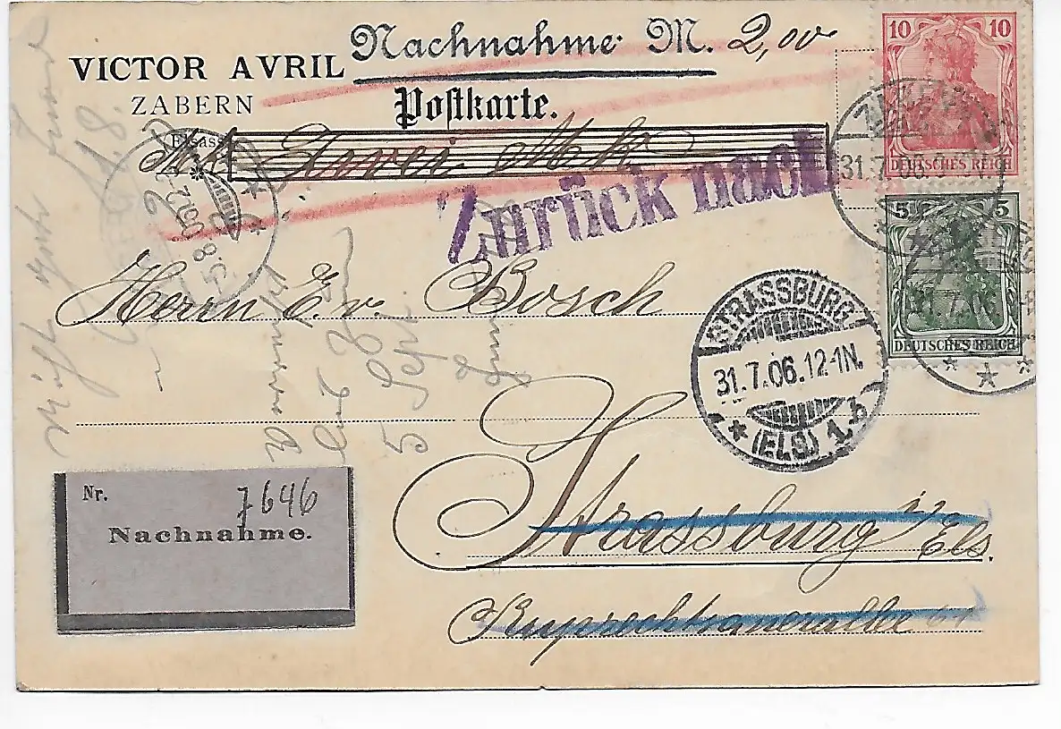 Nom de famille Carte postale de Zabern Strasbourg 1906 et retour