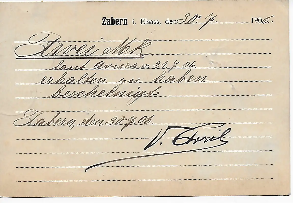 Nom de famille Carte postale de Zabern Strasbourg 1906 et retour