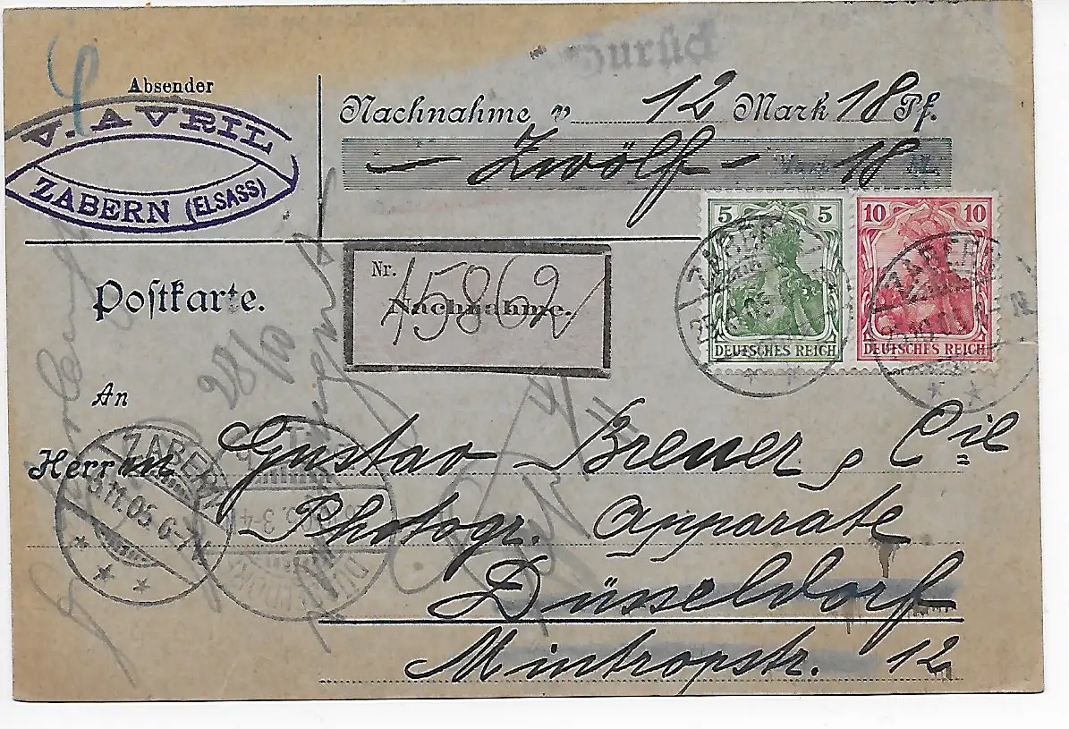 Nachname Postkarte von Zabern nach Düsseldorf 1905 und zurück