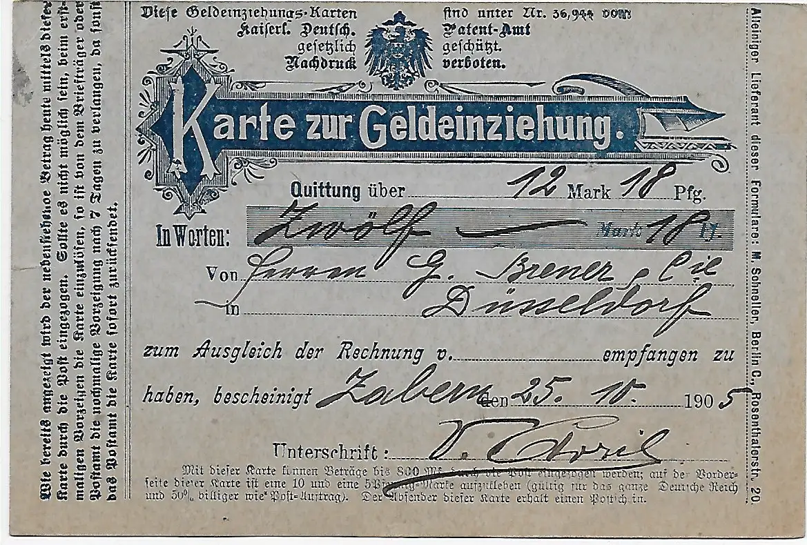 Nachname Postkarte von Zabern nach Düsseldorf 1905 und zurück