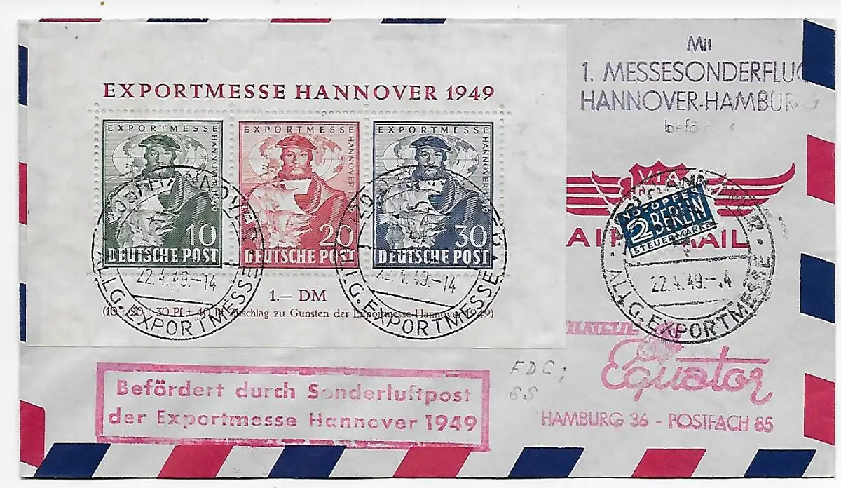 Block 1, Exportmesse Hannover 1949 nach Hamburg: Sonderluftpost -Messesonderflug