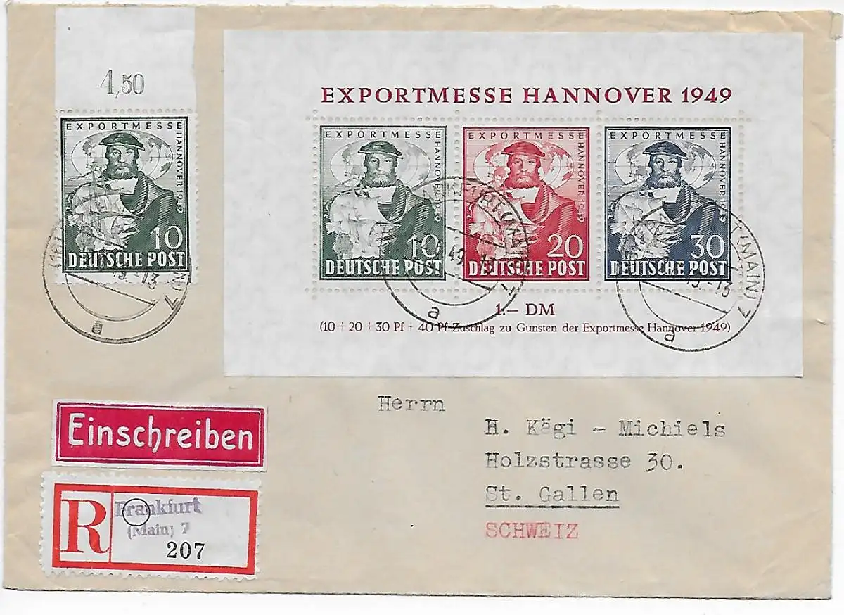 Bloc 1, lettre recommandée Francfort vers St. Gallen/CH, 1949