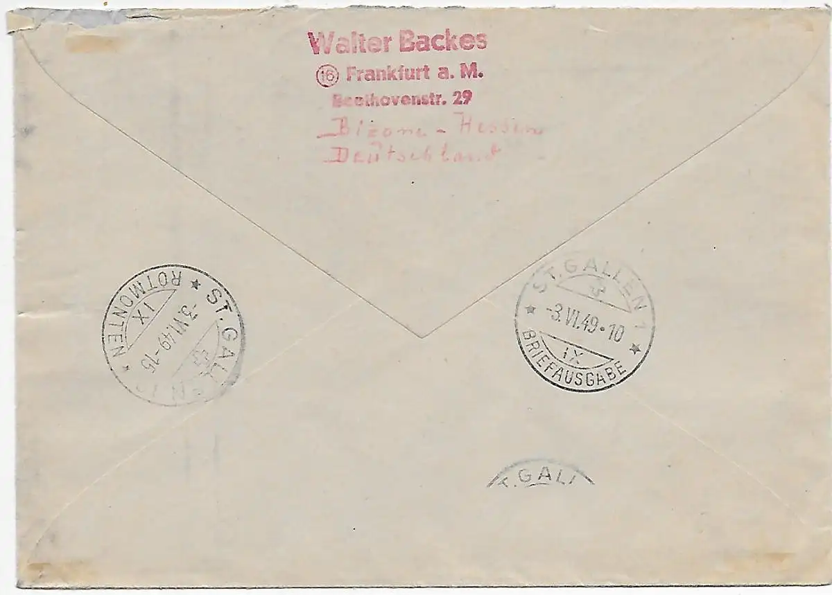Bloc 1, lettre recommandée Francfort vers St. Gallen/CH, 1949