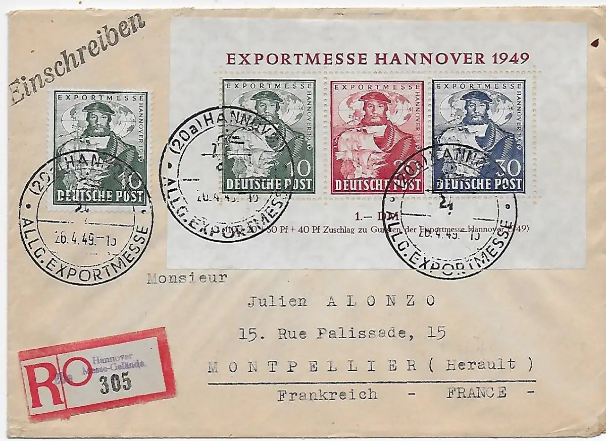 Block 1, Einschreiben Hannover Messegeländer, 26.4.49 nach Montpellier/France