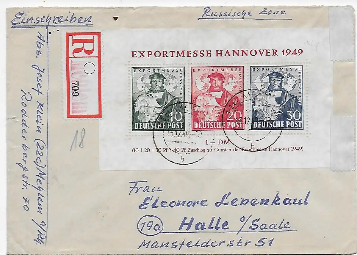 Block 1, Einschreiben Mehlen, 13.12.49 nach Halle