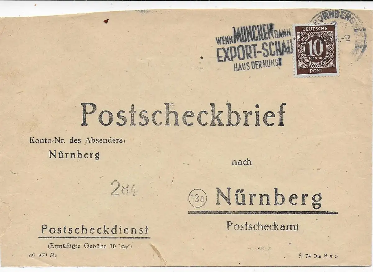 Lettre de chèques postaux Nuremberg 1948.