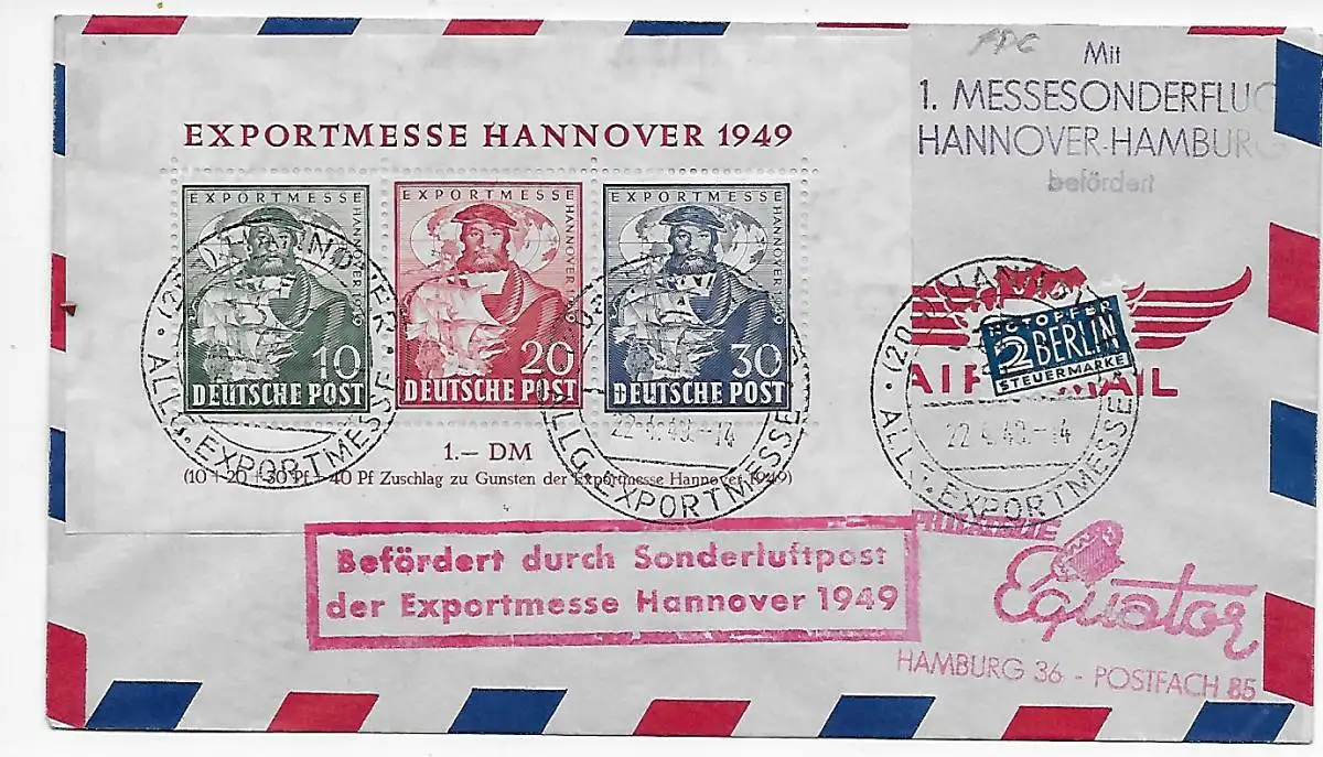 Exportmesse Hannover, Block 1, 1949 nach Hamburg: Sonderluftpost-Messesonderflug
