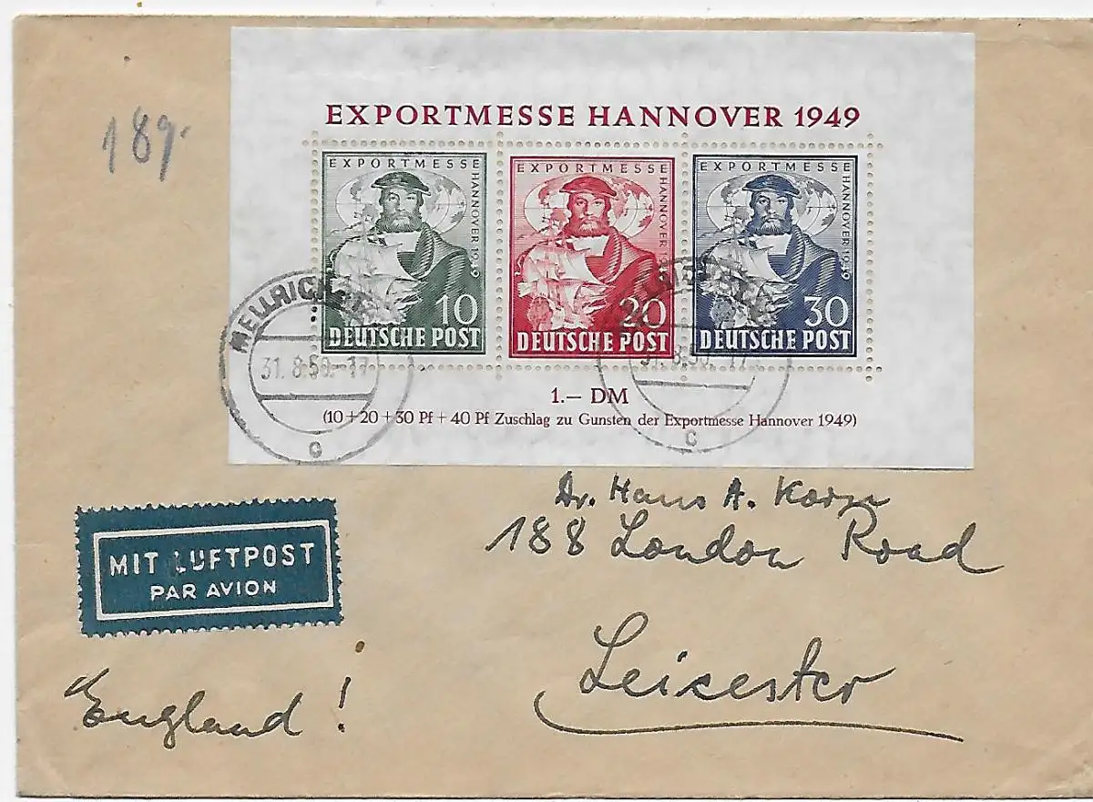 Mellrichstadt, Block 1 comme courrier aérien vers Leicester, 1950