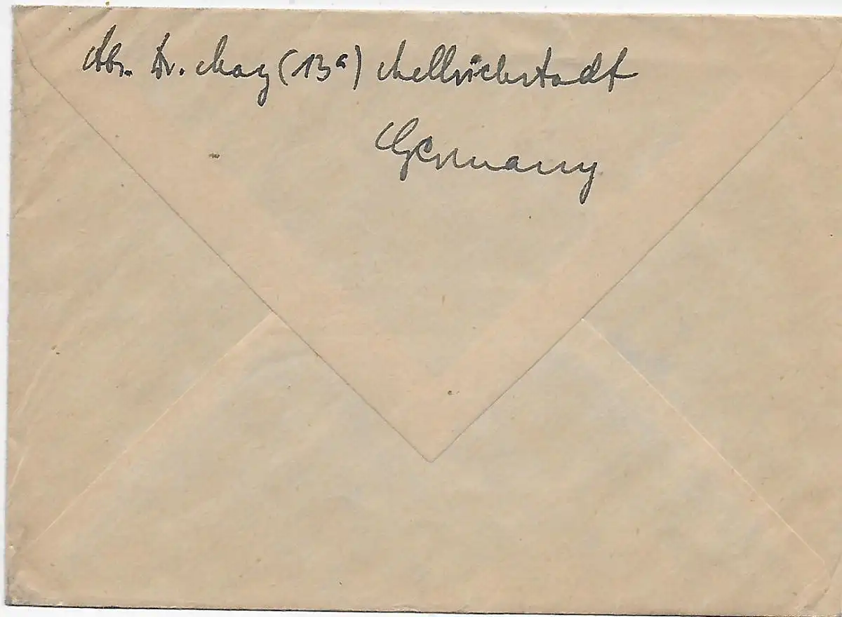 Mellrichstadt, Block 1 comme courrier aérien vers Leicester, 1950