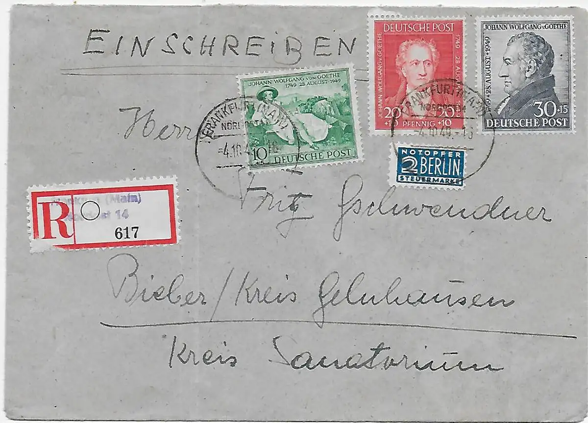 Frankfurt/M Einschreiben 1949 nach Bieber, MiNr. 108-110