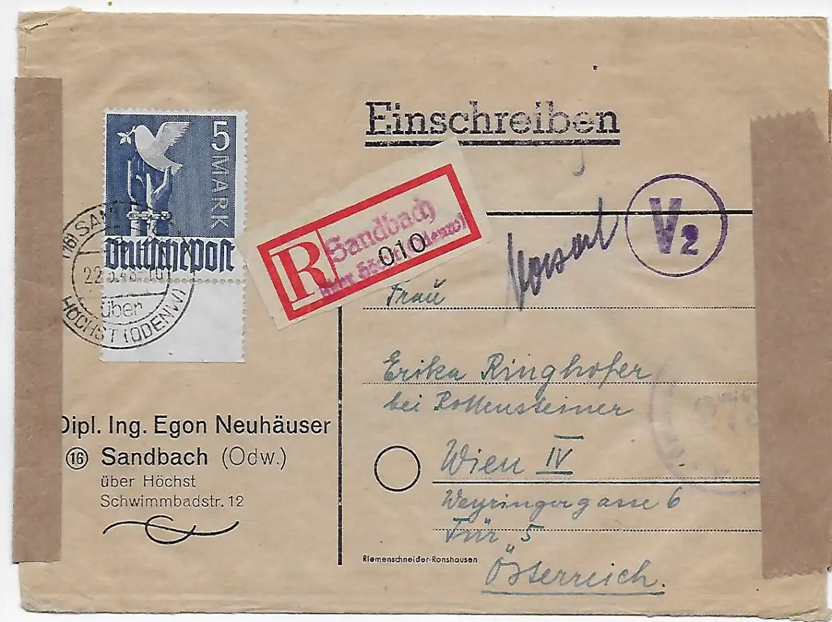 Sandbach/Höchst als Einschreiben nach Wien. 22.6.48, 10fach, BPP geprüft
