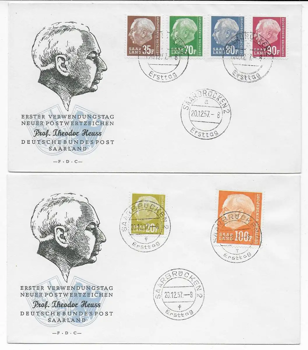4x FDC 1957: 417, 420, 423-428, Theodor Heuss Saarbrücken