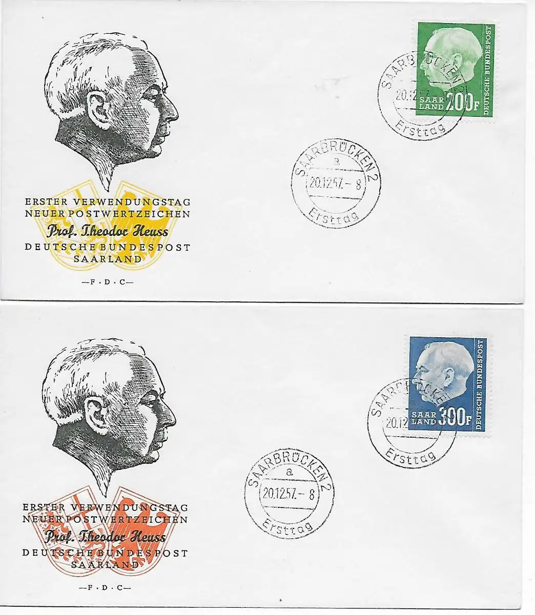 4x FDC 1957: 417, 420, 423-428, Theodor Heuss Saarbrücken