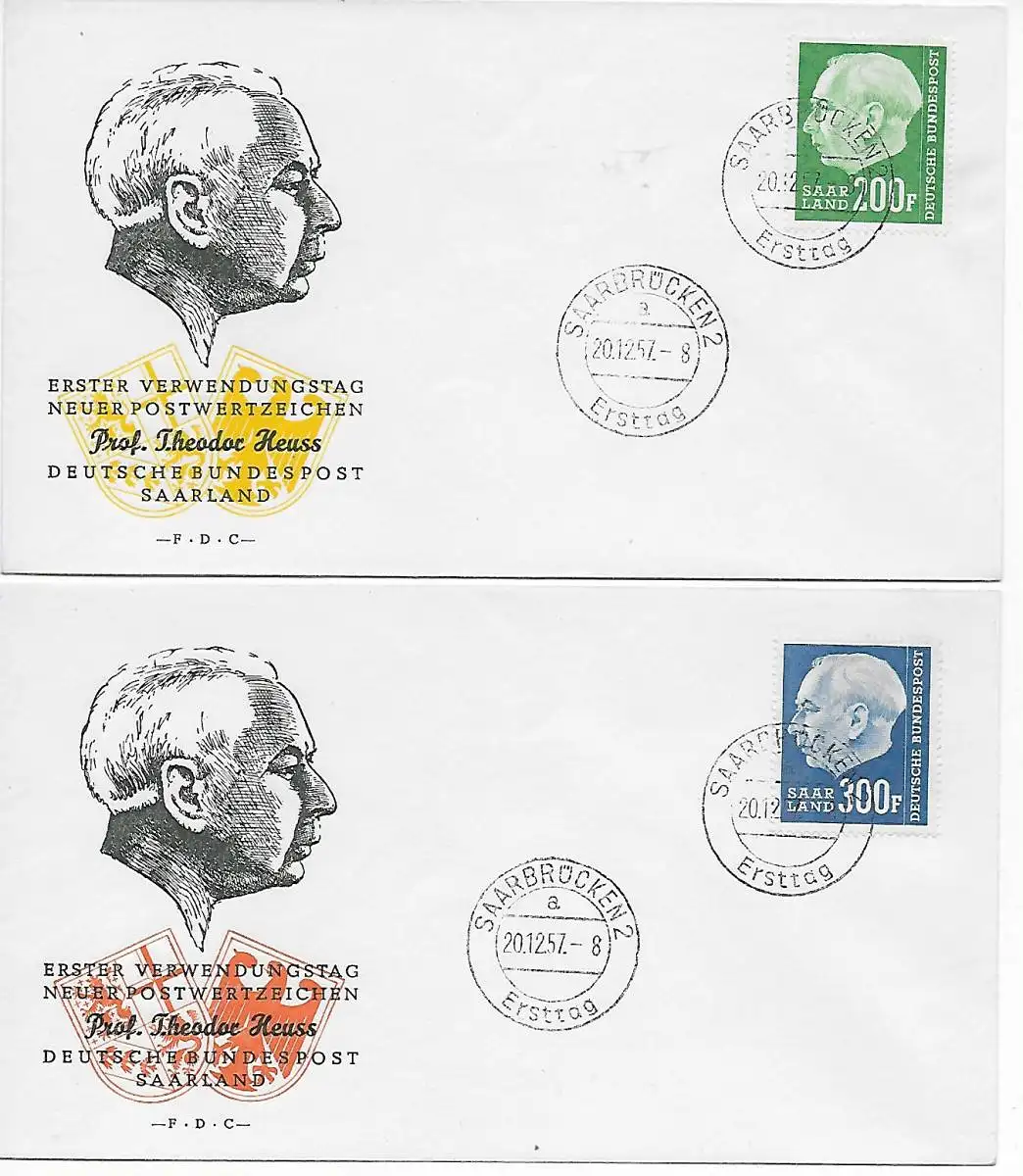 4x FDC 1957: 417, 420, 423-428, Theodor Heuss Sarrebruck