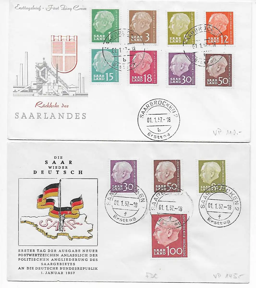 2x FDC 1957: MiNr. ex 380-398, Theodor Heuss Saarbrücken