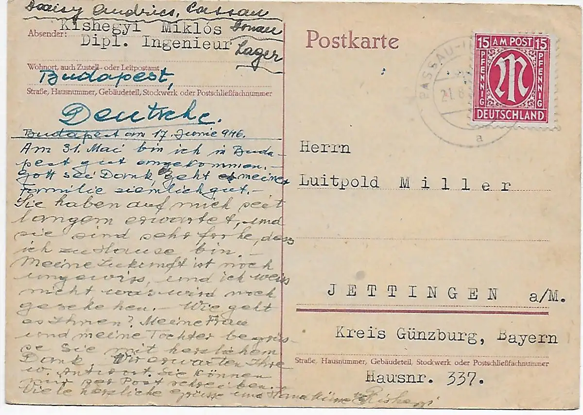 Postkarte Passau 1946 aus ungarischem Lager Gronze, nach Jettingen