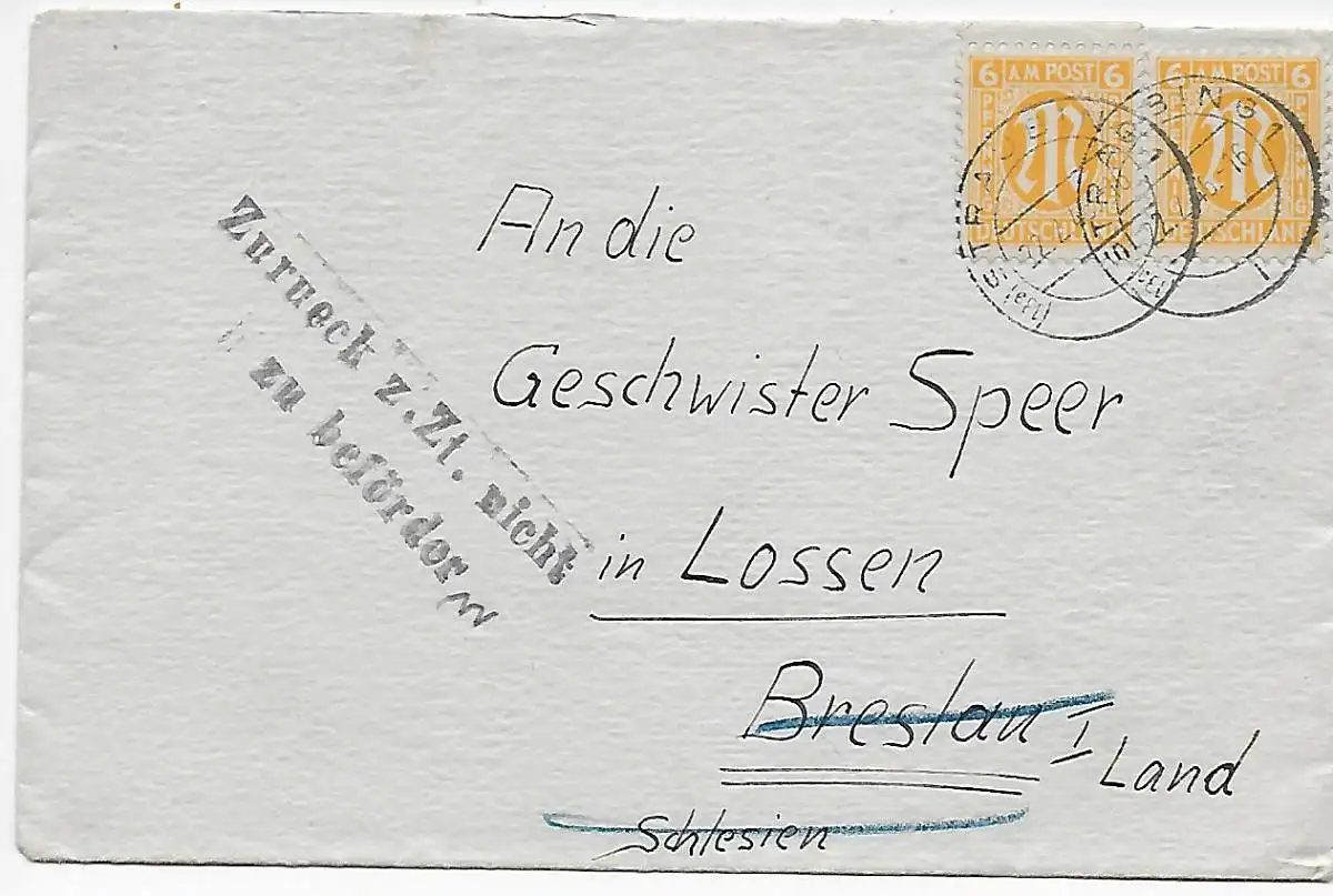 Lettre de Straubing à Wroclaw/Lossen 22.2.46, RETOUR: ne pas transporter actuellement