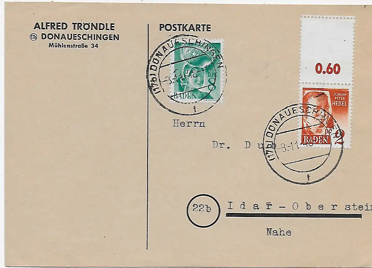 Postkarte Donaueschingen 1948 nach Idar-Oberstein