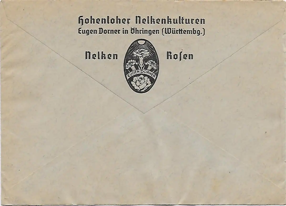 Brief aus Öhringen, 1946, rückseitig Nelken, Rosen, Hohenloher Nelkenkultur